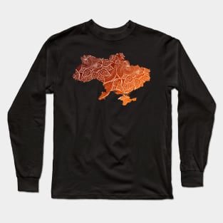 Colorful mandala art map of Ukraine with text in brown and orange Long Sleeve T-Shirt